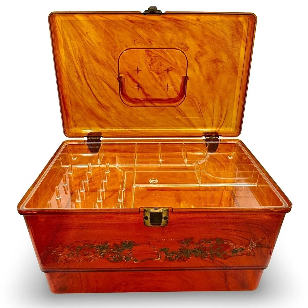 Vintage Wilson Wil-Hold Orange Plastic Sewing Box Amber Translucent Tray USA 14